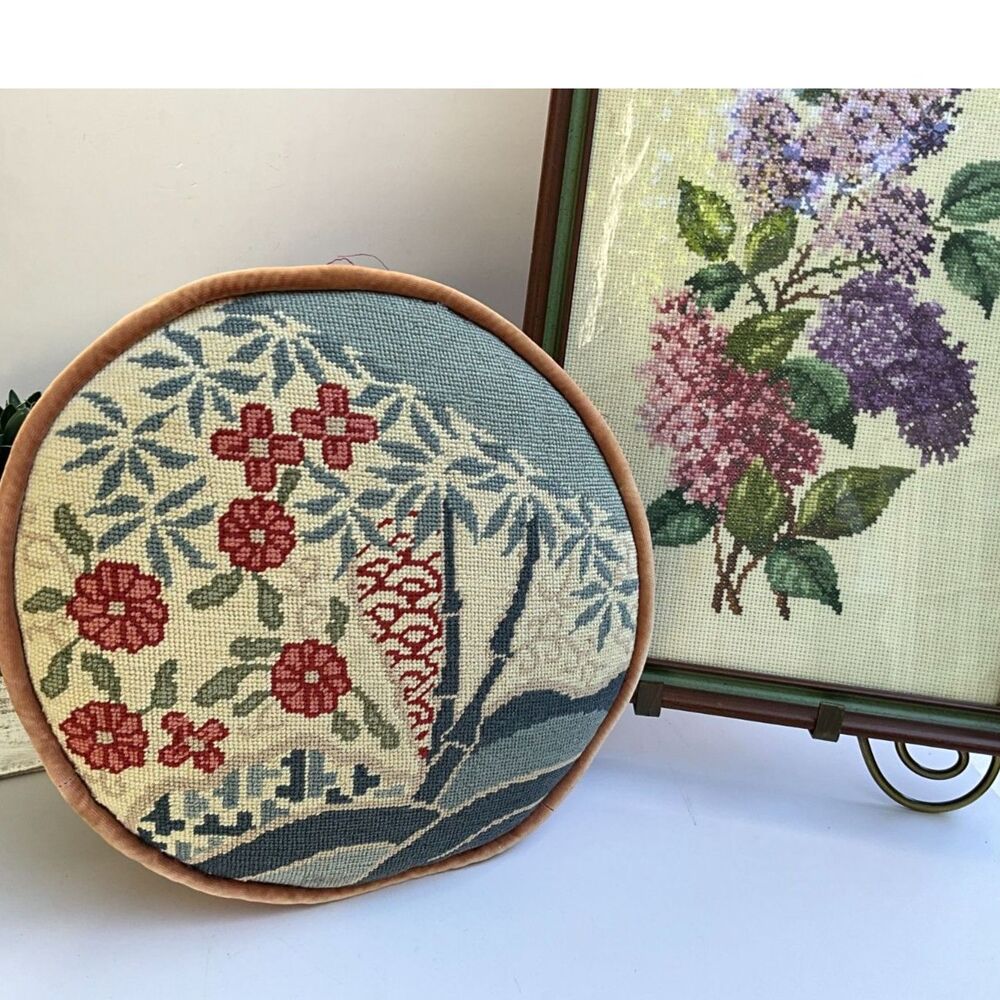 Vintage round needlepoint pillow trees and flowers funky 1950's needlepoint